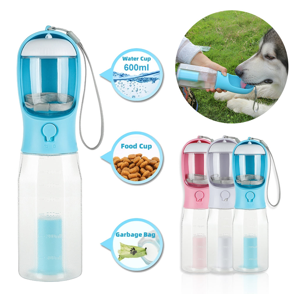 Portable Cat/Dog Water Bottle Food Feeder Drinker Dispenser 3 in 1 Leak-Proof Multifunctional