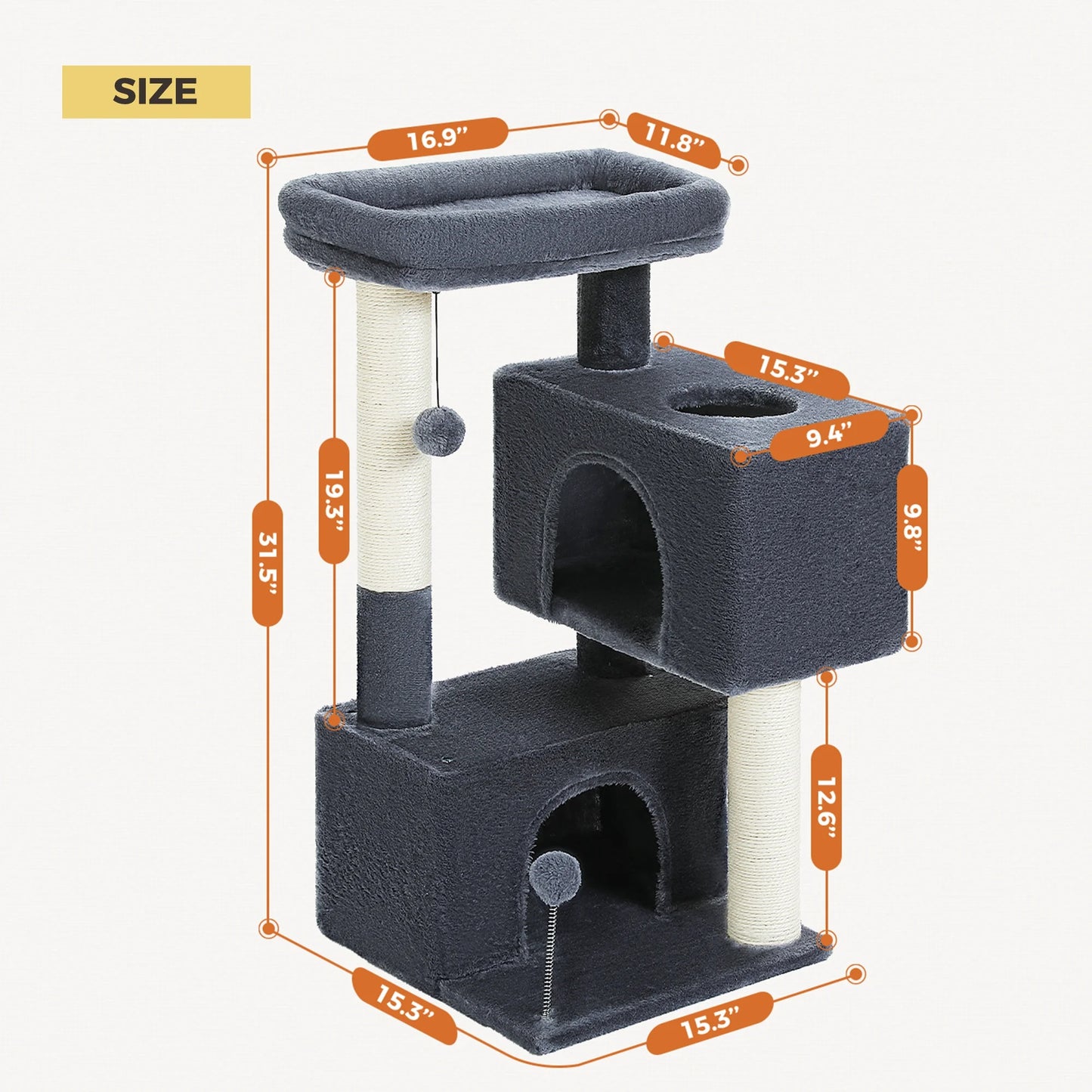31.5" Modern Cat Tree Tower with Dual Large Condos for Kitten ＆ Medium Size Cat Dark Gray